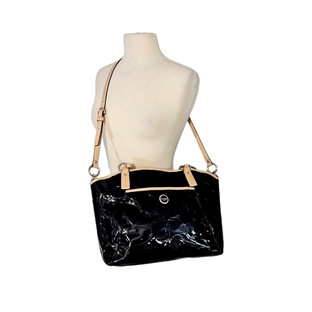 Coach Blue & Tan Patent Leather Monogram Pocket Tote Shoulder Bag